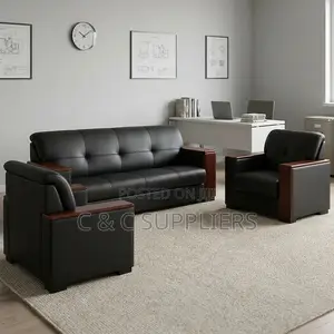 5-Seater Leather Sofa With Wood Armrest.