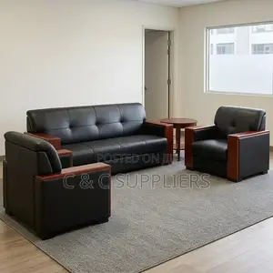 5-Seater Leather Sofa With Wood Armrest.