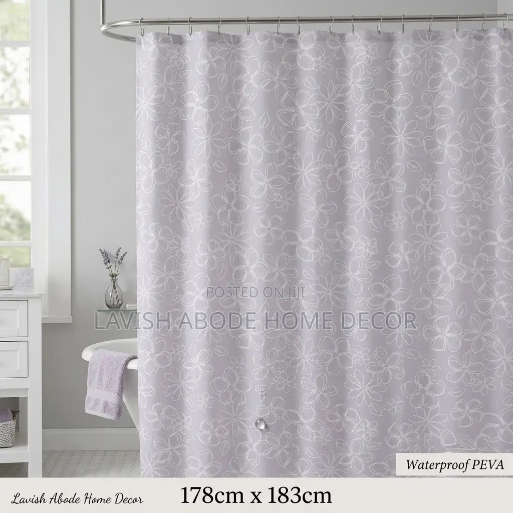 Floral Grey PEVA Shower Curtain – Waterproof Bathroom Curtain