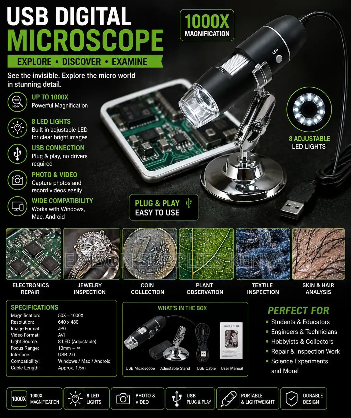Mini USB Digital Handheld Microscope, 8 LED Wireless Endoscope Camera