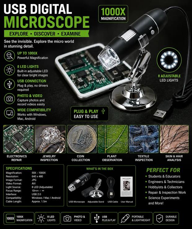 Mini USB Digital Handheld Microscope, 8 LED Wireless Endoscope Camera