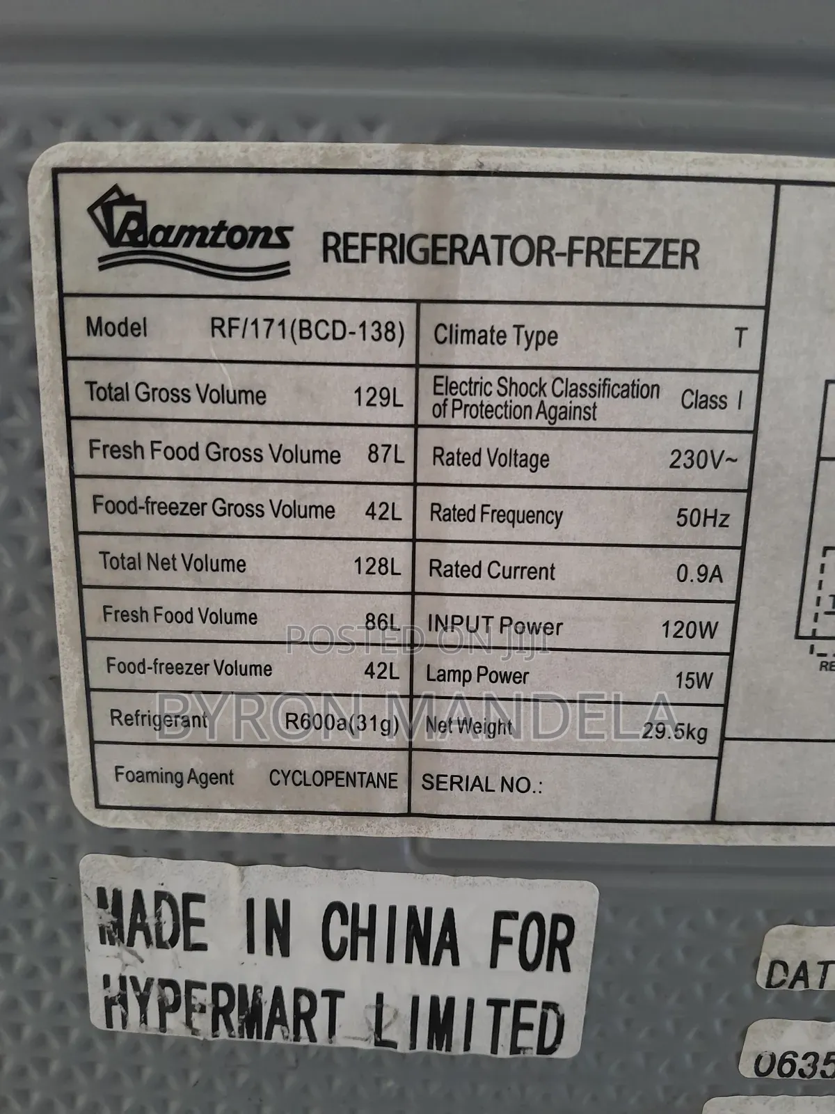 128L Ramtons Double Door Fridge RF/171