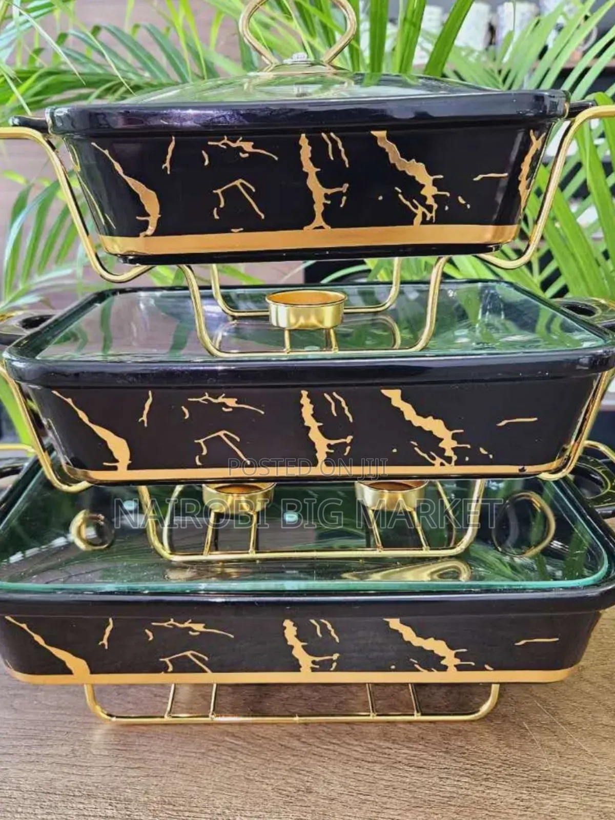 3pcs Black Gold Ceramic Chaffing Dishes