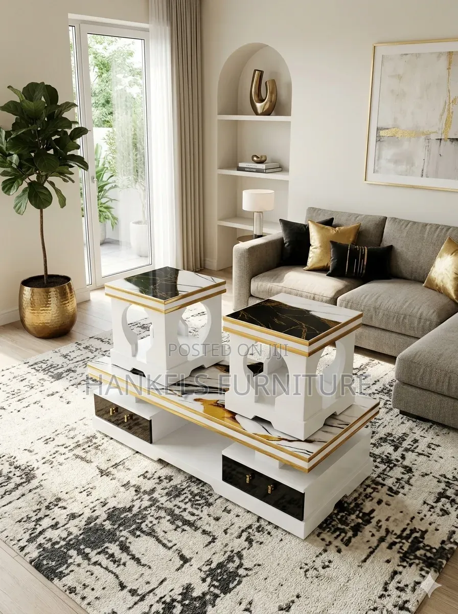 Coffee Table With 2 Stools – Modern 3-Piece Living Room Set