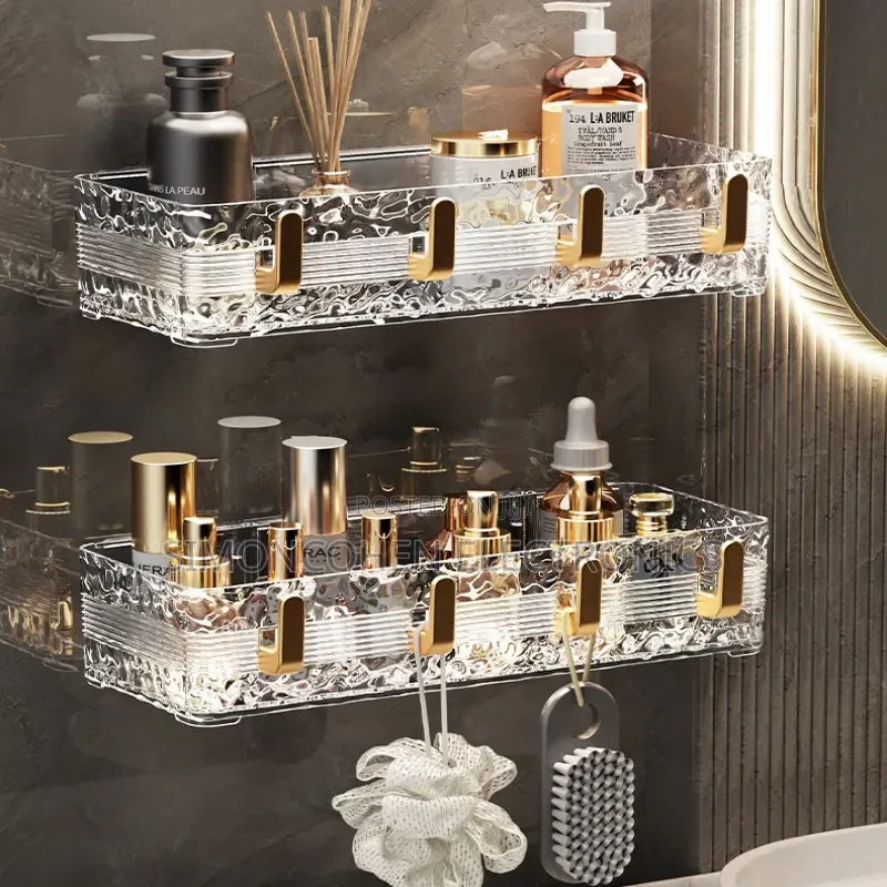 Acrylic Storage Shelf With Gold Hooks