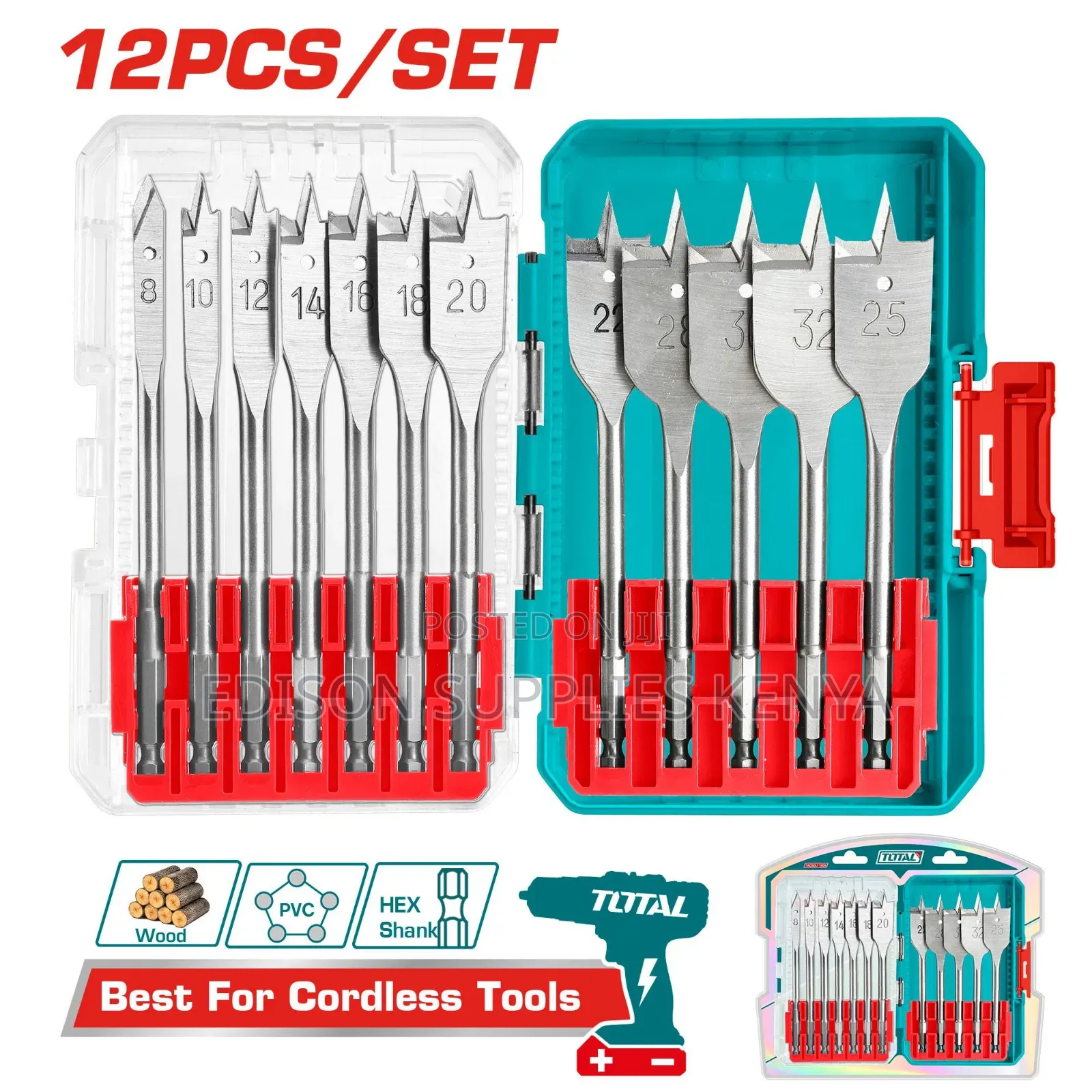 Total 12Pcs Flat Wood Drill Bits Set TACSDL1206