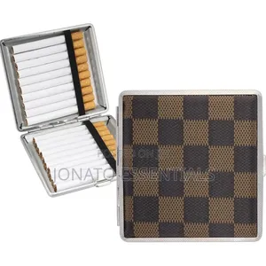 Leather Cigarette Case Holder Metal Box 20 Sticks Brown