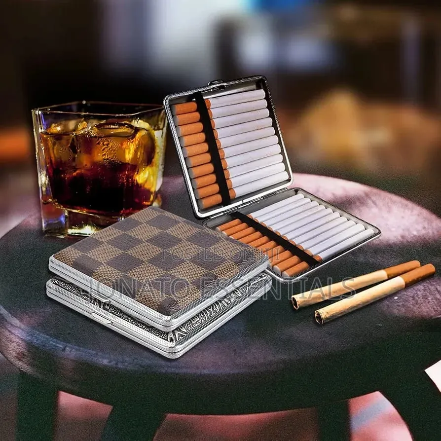 Leather Cigarette Case Holder Metal Box 20 Sticks Brown