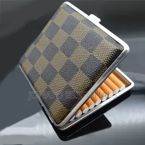 Leather Cigarette Case Holder Metal Box 20 Sticks Brown