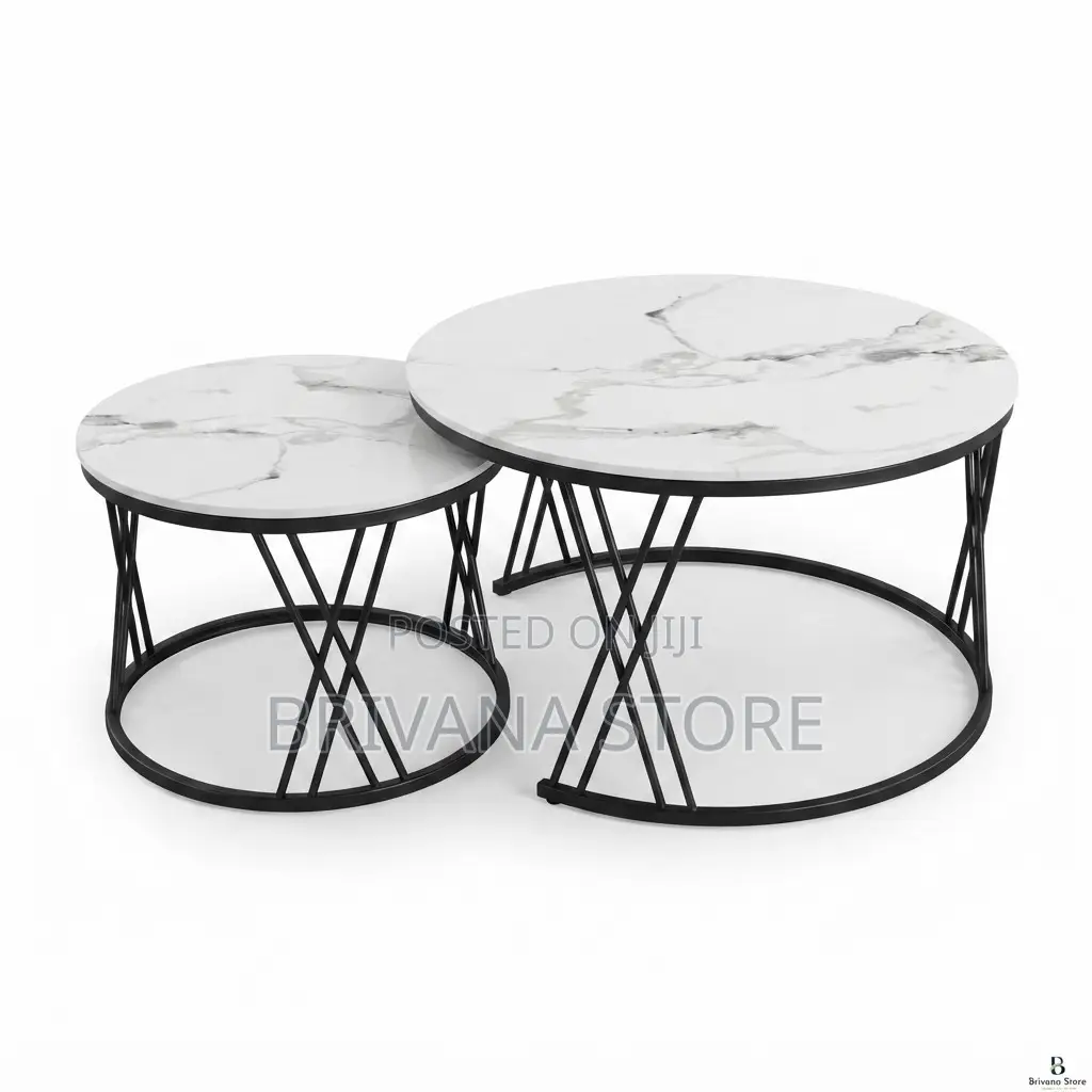 2-Piece Round Nesting Coffee Tables White Marble Effect Black Frame