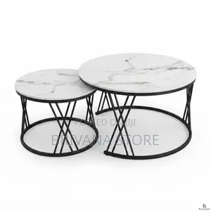 2-Piece Round Nesting Coffee Tables White Marble Effect Black Frame