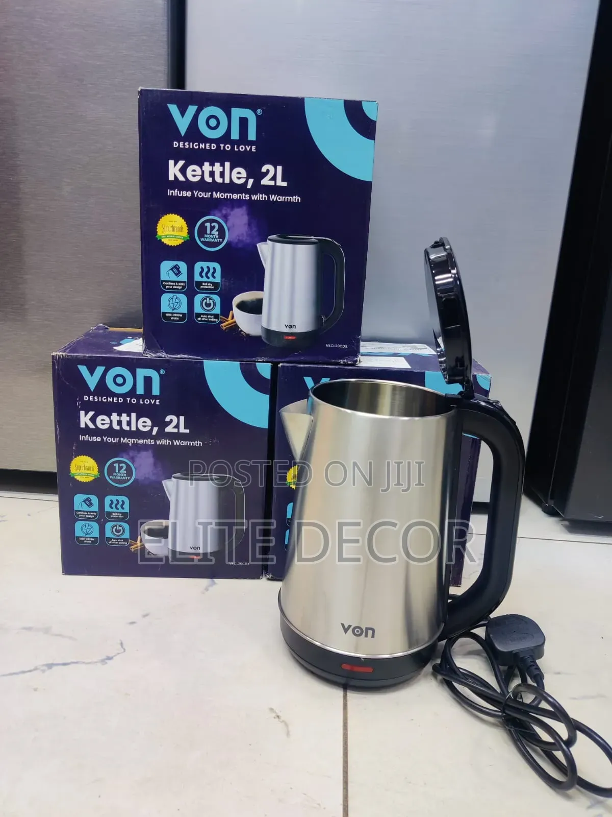 VON 2L Cordless Stainless Steel Electric Kettle