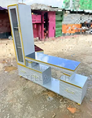 Executive Extended TV Stand With Marble Coating and Shelf Cabinet