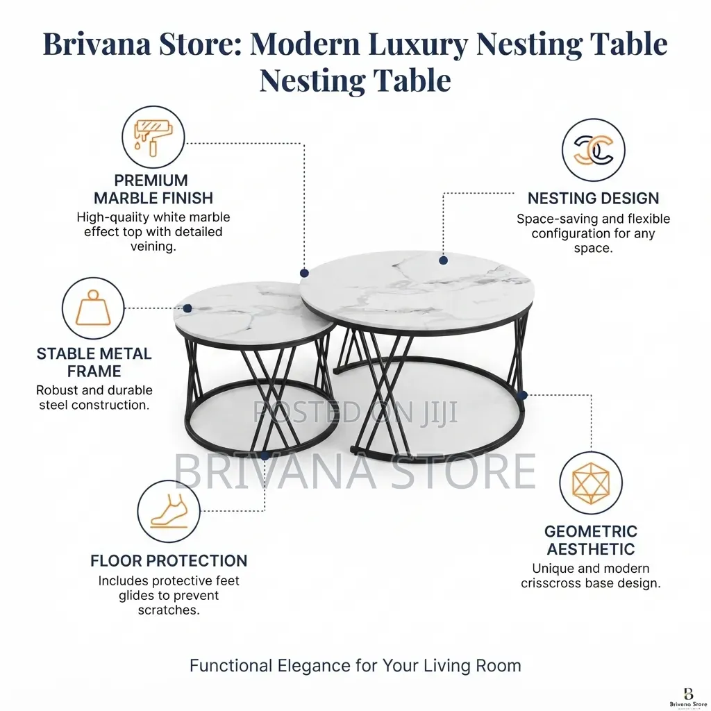 2-Piece Round Nesting Coffee Tables White Marble Effect Black Frame