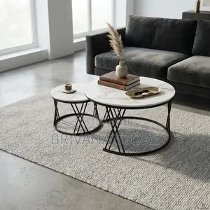 2-Piece Round Nesting Coffee Tables White Marble Effect Black Frame