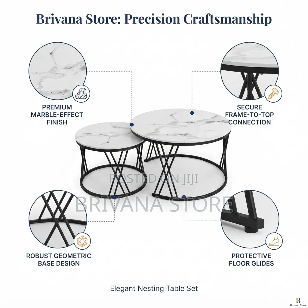 2-Piece Round Nesting Coffee Tables White Marble Effect Black Frame
