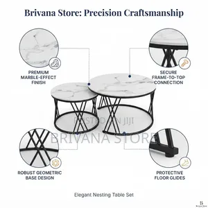 2-Piece Round Nesting Coffee Tables White Marble Effect Black Frame
