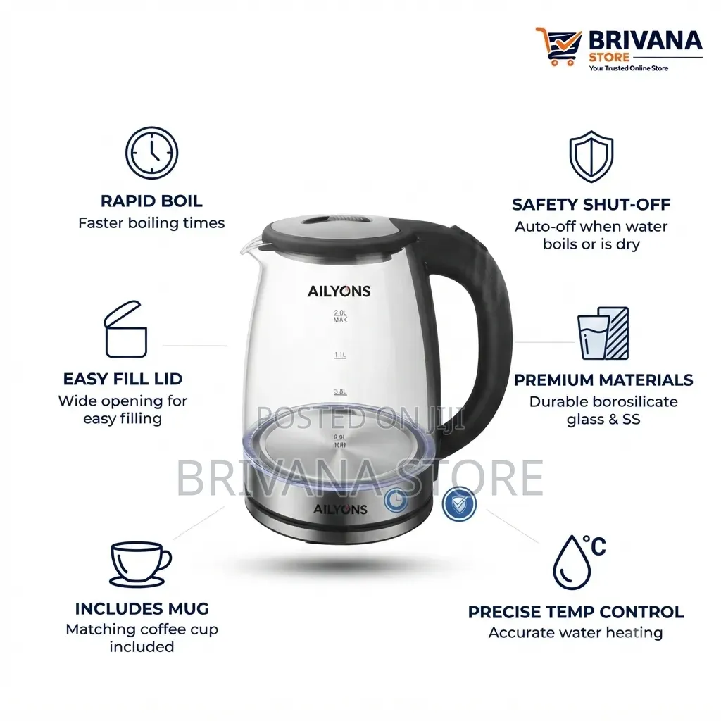 Ailyons 2L Glass Electric Kettle 2200W – Auto Shut-Off