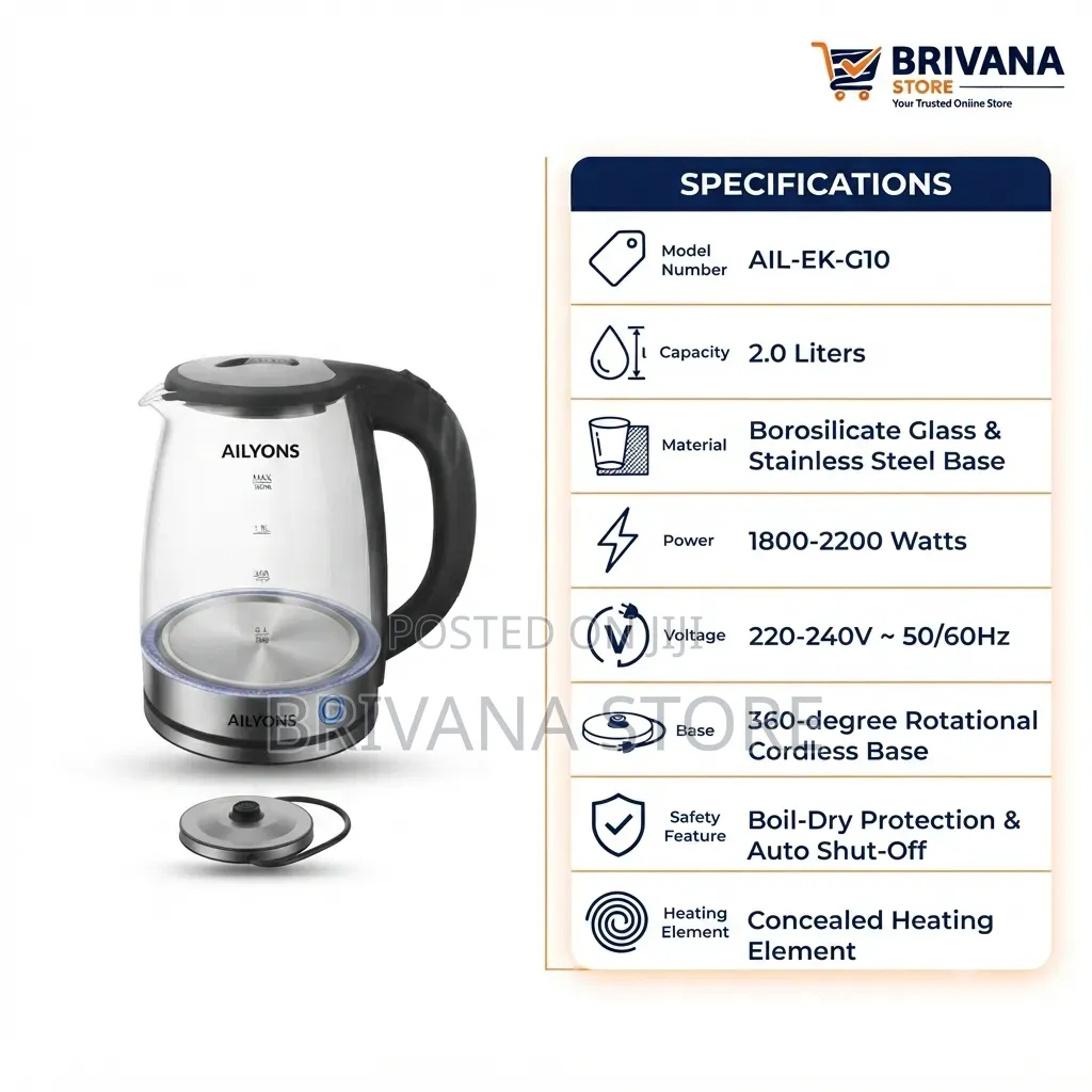 Ailyons 2L Glass Electric Kettle 2200W – Auto Shut-Off