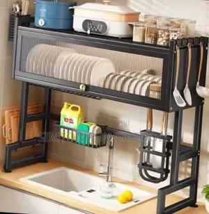Over-the-Sink Dish Drying Rack With a Closable Cabinet Door,