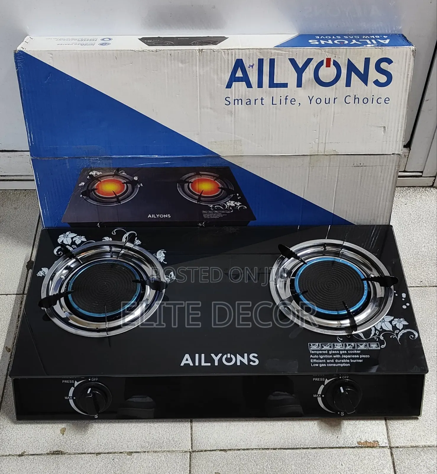 AILYONS 2 Burner Glass Top Gas Cooker Infrared Double Burner at 2000