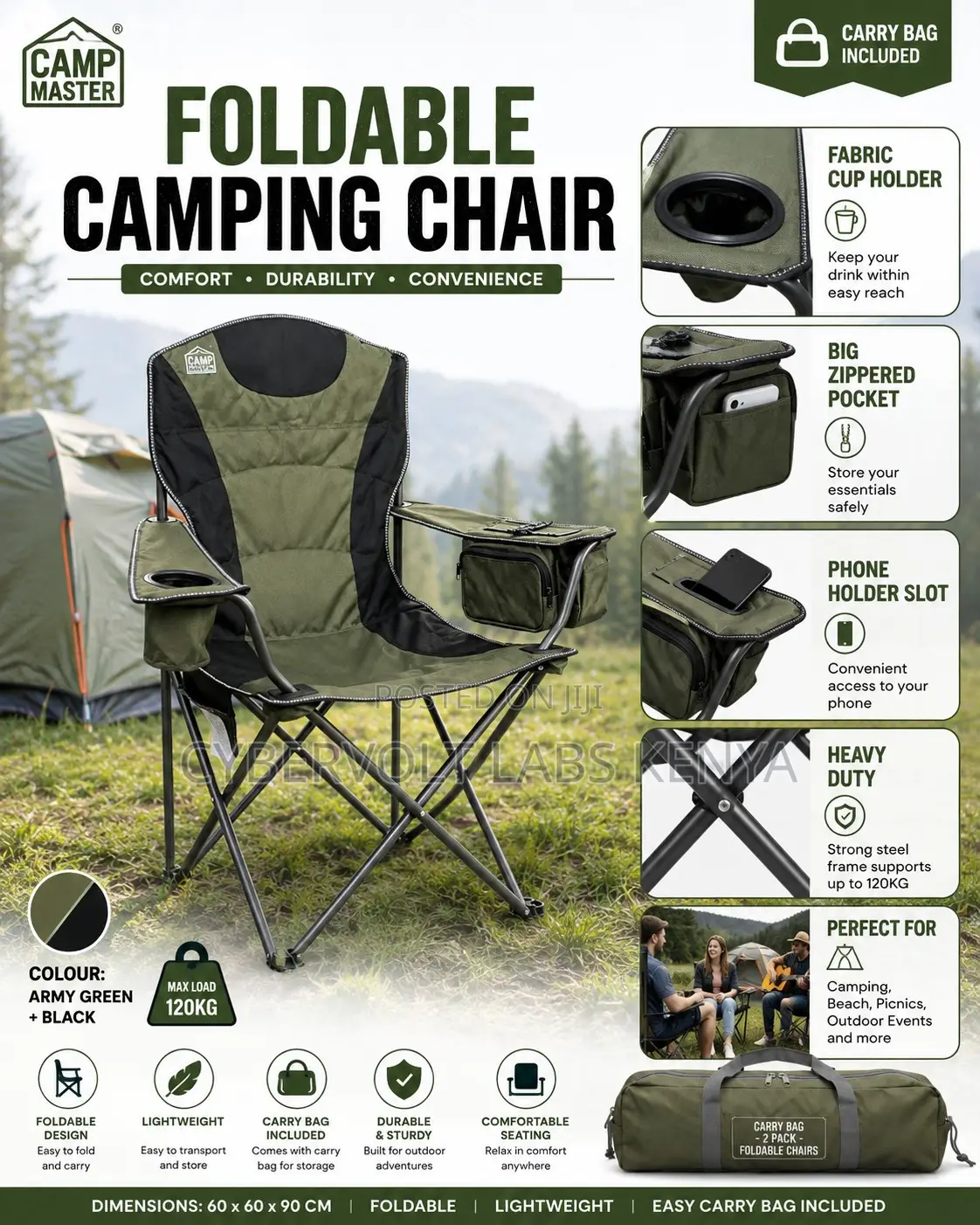 Camp Master Foldable Camping Chair With Cup Holder Carry Bag