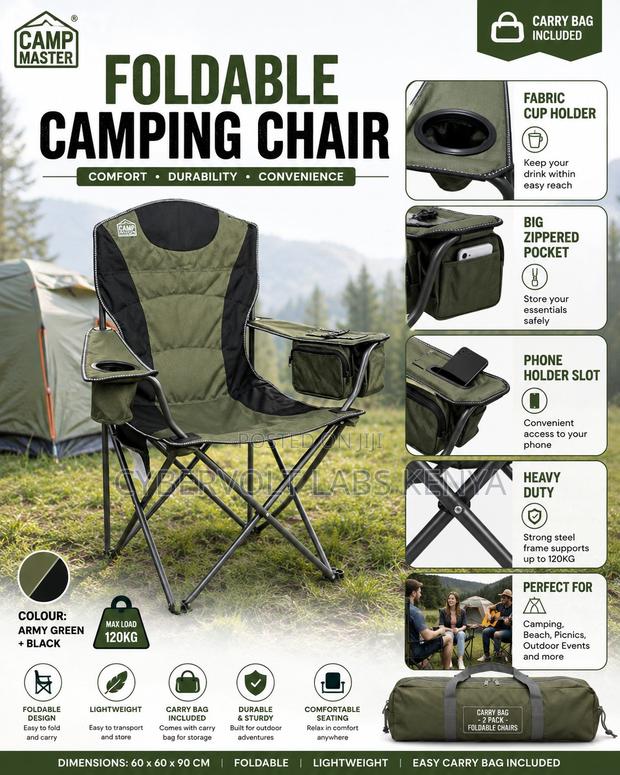 Camp Master Foldable Camping Chair With Cup Holder Carry Bag