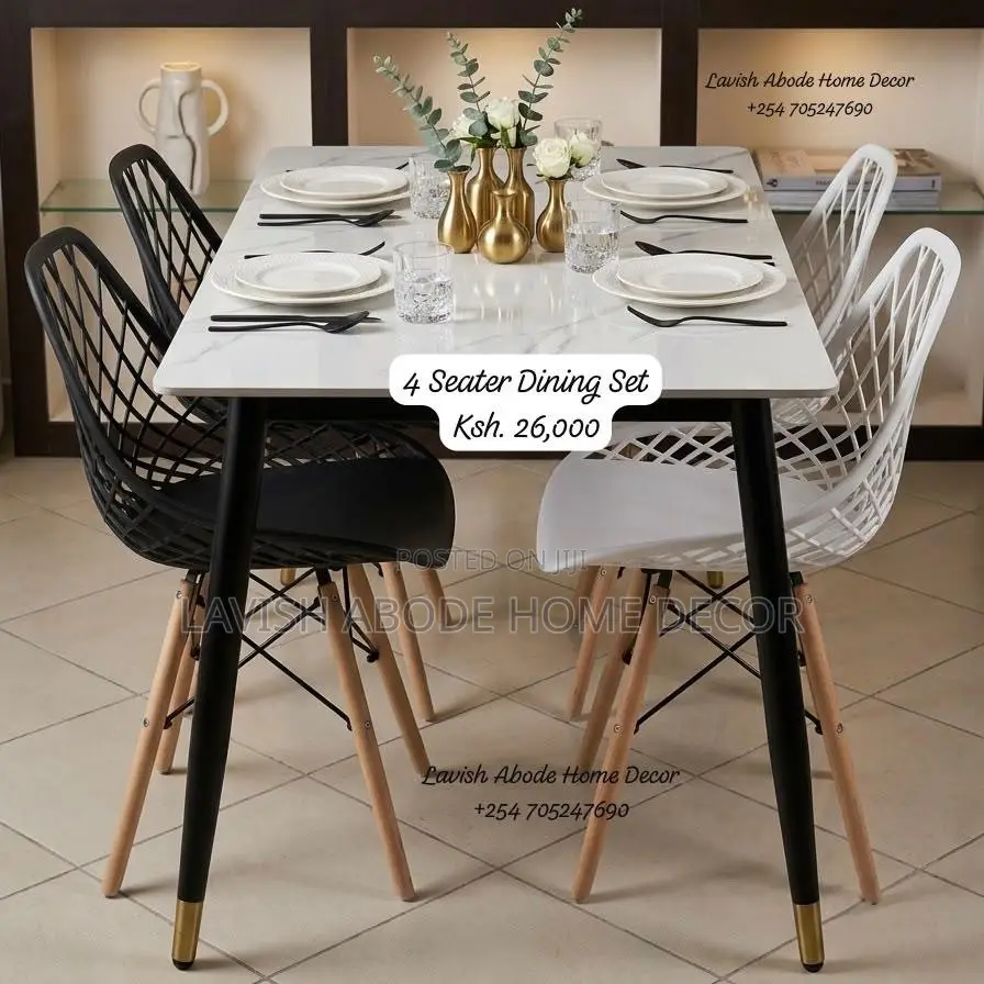 4 Seater Dining Table Set – Rectangular Marble Top Mesh Eames Chairs