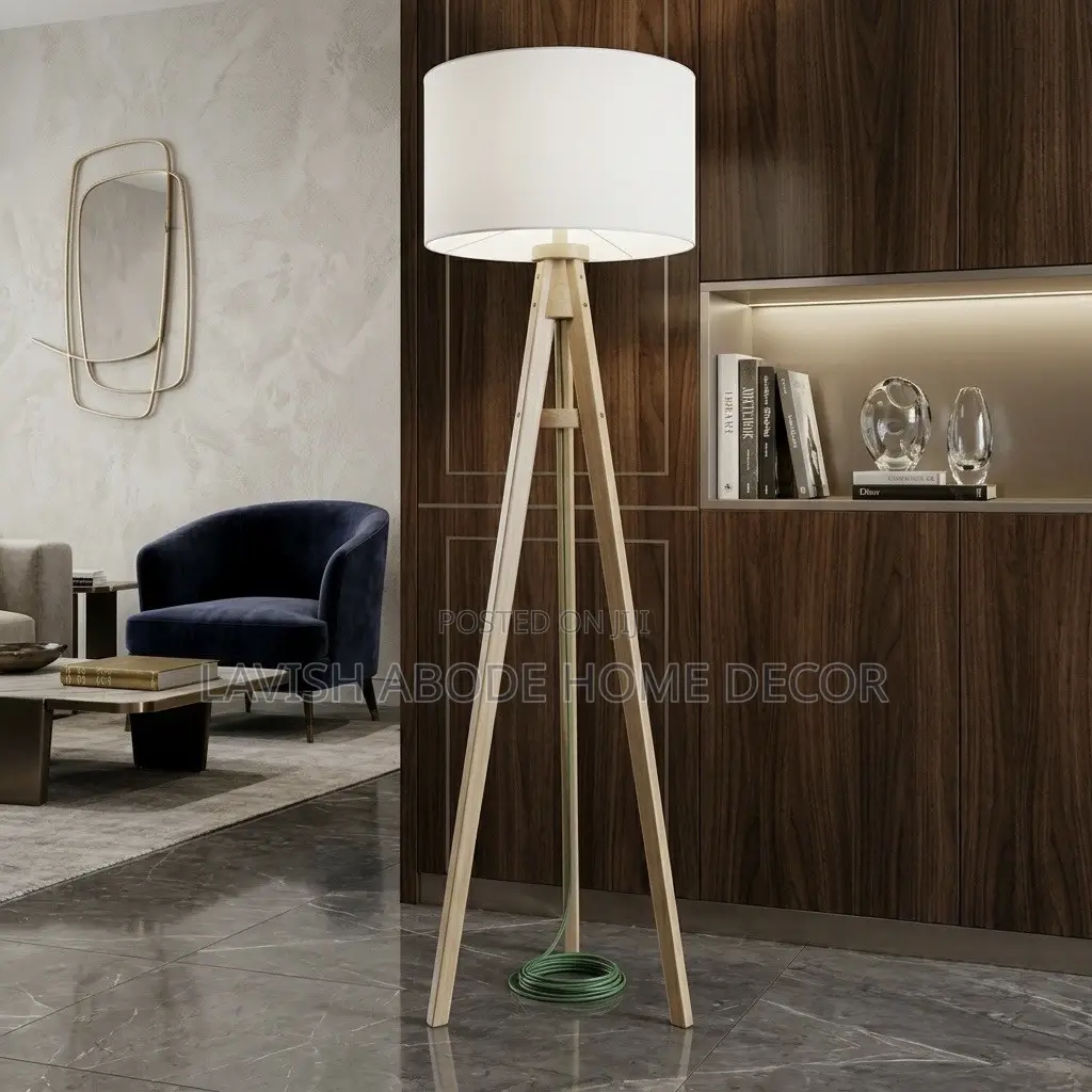Cream White Tripod Floor Lamp – Clear Wood Finish Stand