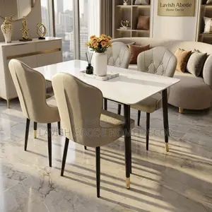 4 Seater Dining Table Set Rectangular Marble Top With 4 Leather Chairs