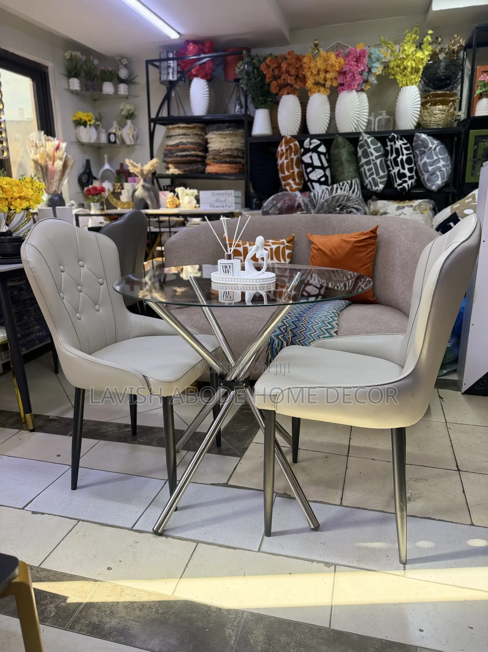 2 Seater Dining Table Clear Round Glass Table 2 Beige Leather Chairs