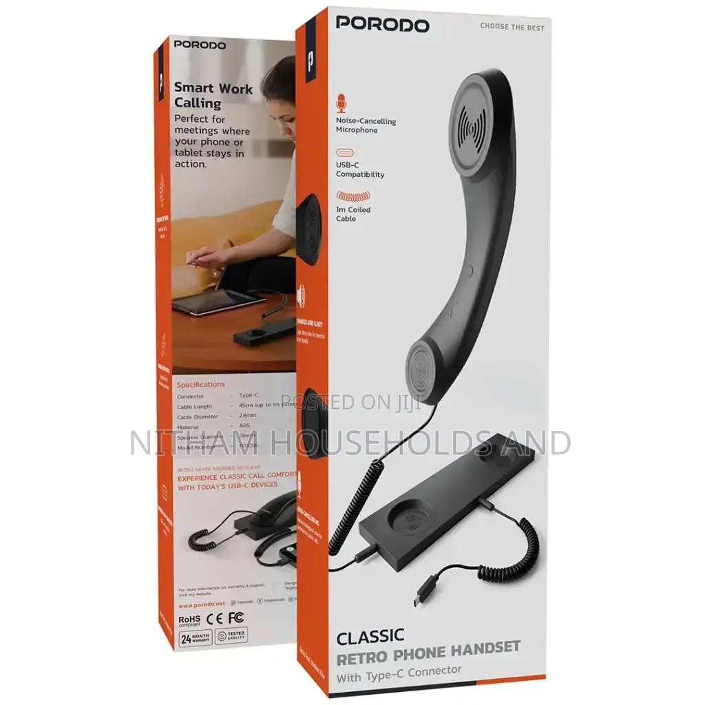 Porodo Classic Retro Phone Handset With Type-C Connector – Black
