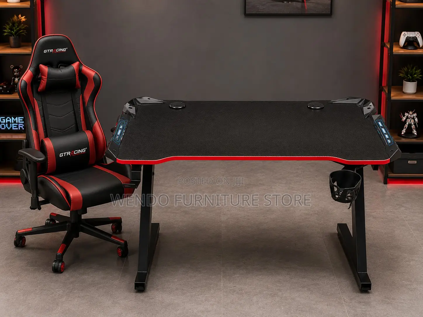 Office Desk; Black-Red Ergonomic Electric Home Gamers Desk