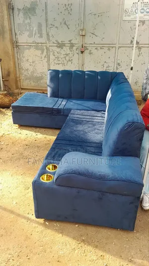Blue L-Shaped Sofa 5-Seater With Cup Holders