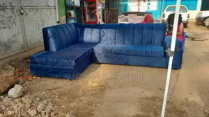 Blue L-Shaped Sofa (7-Seater) With Cup Holders