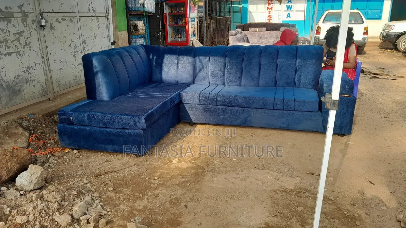 Blue L-Shaped Sofa (7-Seater) With Cup Holders