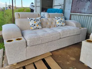 Cream/White Sofa With Cup Holders (3-Seater)
