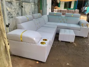 Light Grey/Cream/White L-Shaped 7-Seater Sofa + Cup Holders