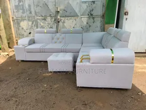 Light Grey/Cream/White L-Shaped 7-Seater Sofa + Cup Holders