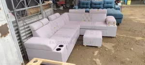 Light Grey/Cream/White L-Shaped 7-Seater Sofa + Cup Holders