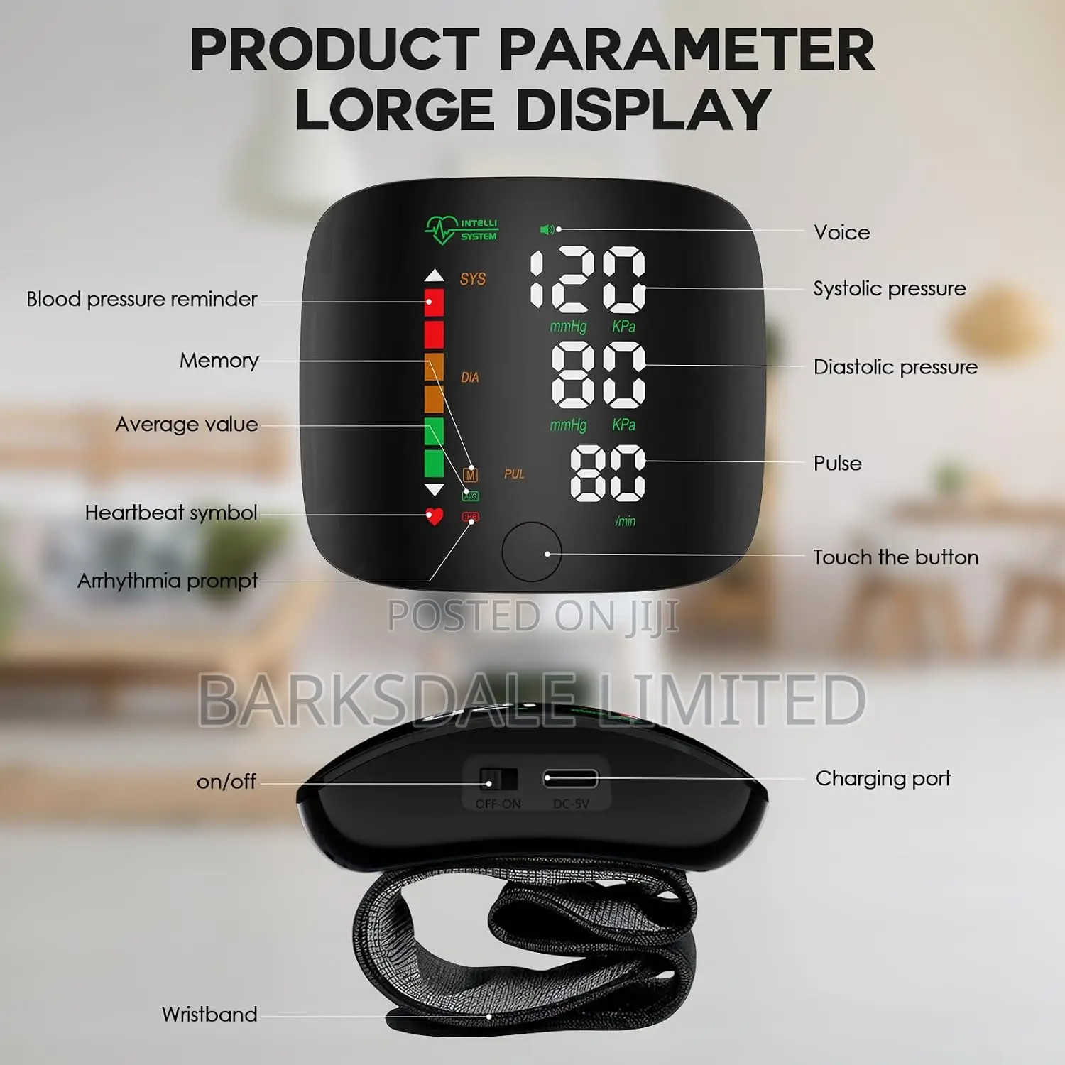 Black Digital LED Wrist BP Monitor Touch Screen Rechargeable Case.