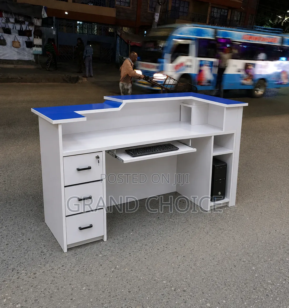 Stylish White Blue Office Counter Desk
