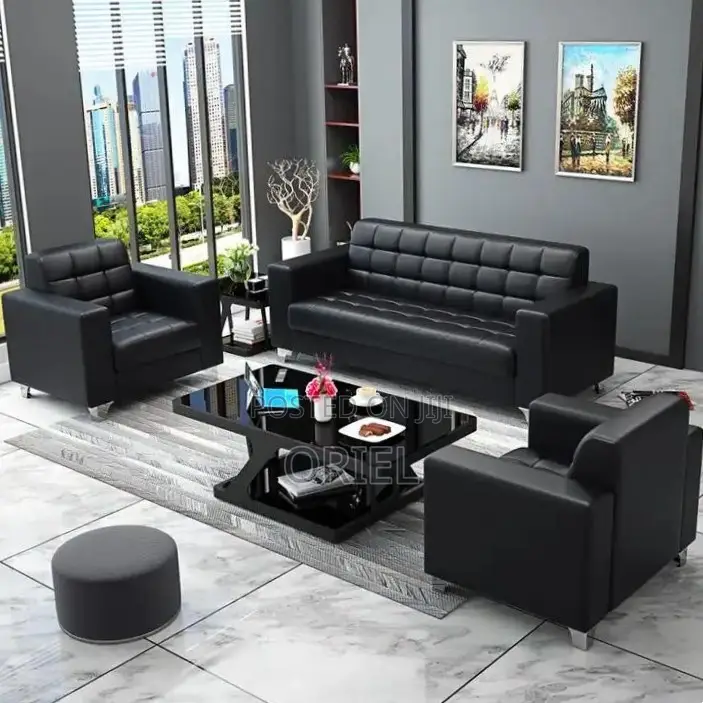 Office Sofa : Five Seater Executive Office Sofa Black Leather