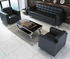 Office Sofa : Five Seater Executive Office Sofa Black Leather