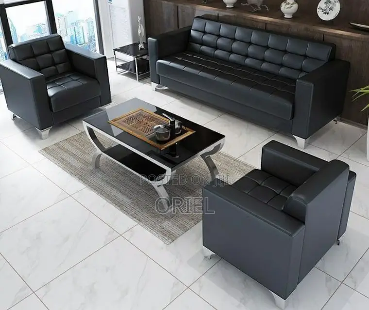 Office Sofa : Five Seater Executive Office Sofa Black Leather