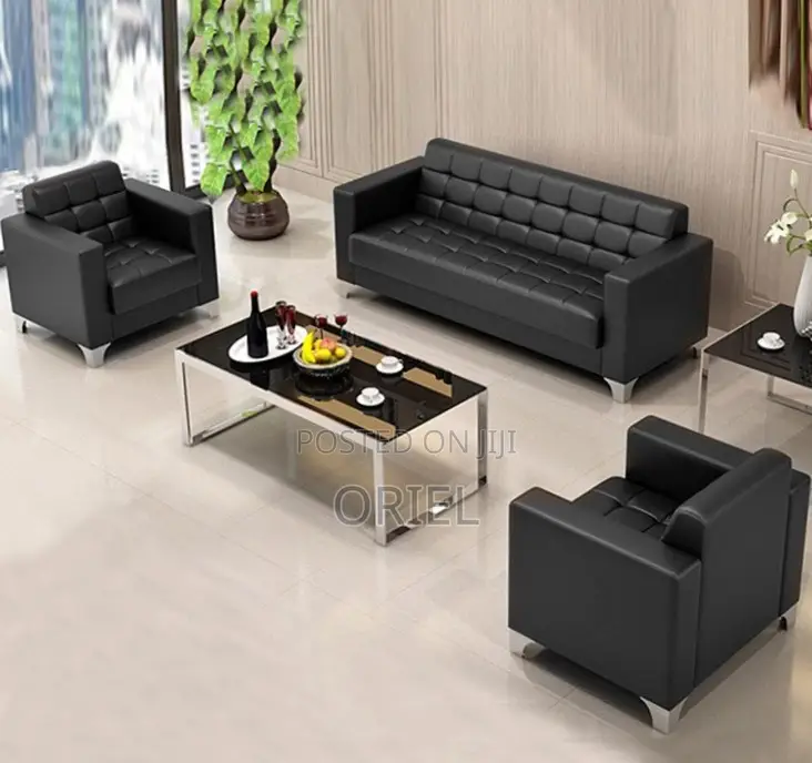 Office Sofa : Five Seater Executive Office Sofa Black Leather