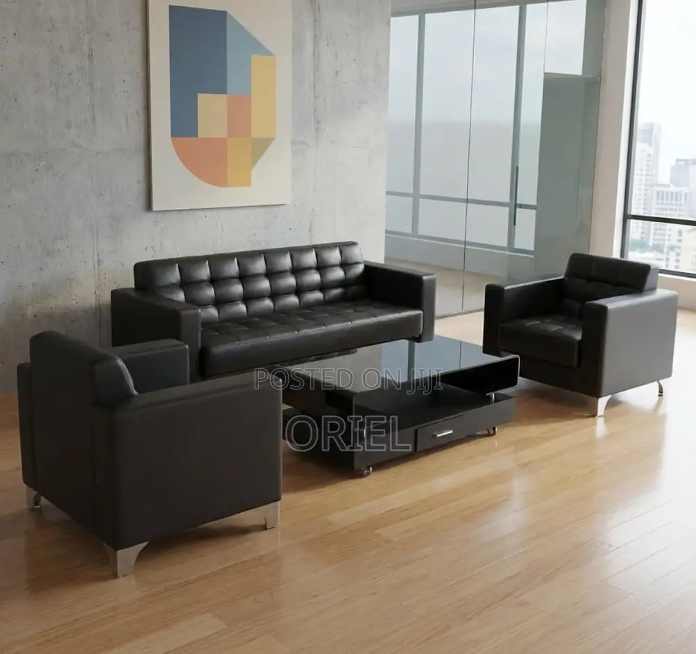 Office Sofa : Five Seater Executive Office Sofa Black Leather