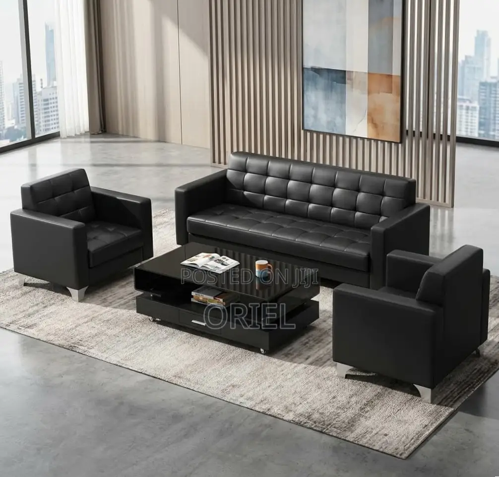 Office Sofa : Five Seater Executive Office Sofa Black Leather