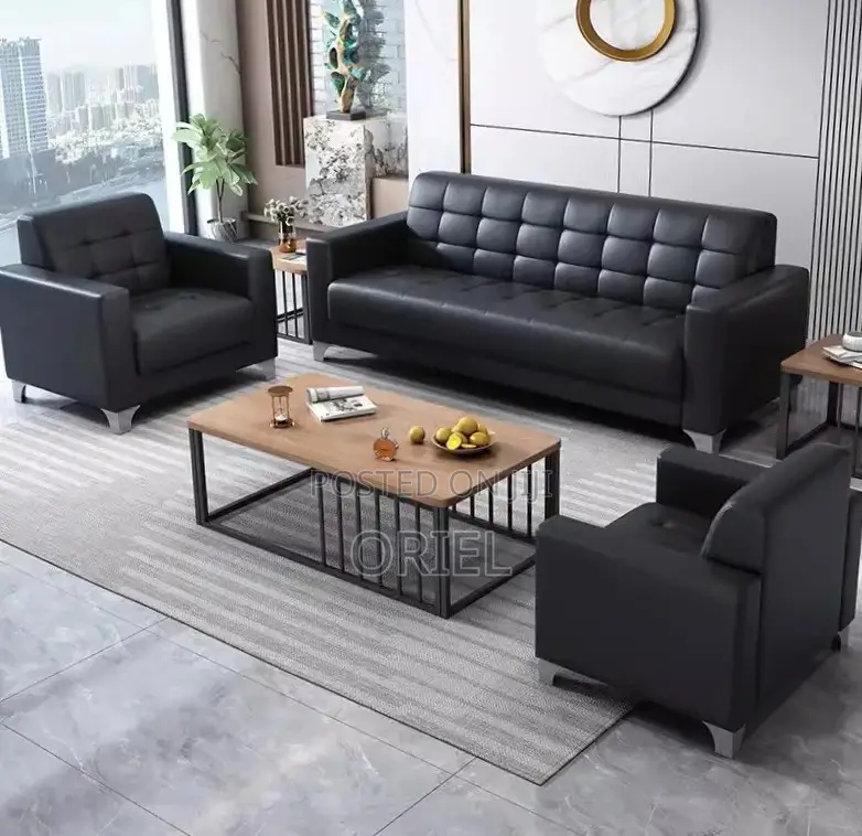 Office Sofa : Five Seater Executive Office Sofa Black Leather
