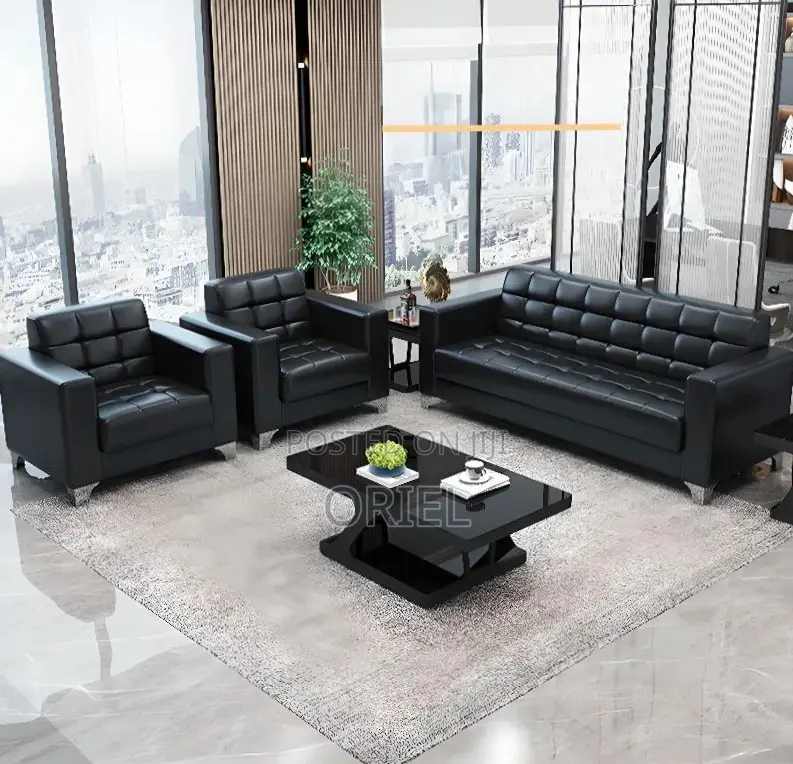 Office Sofa : Five Seater Executive Office Sofa Black Leather